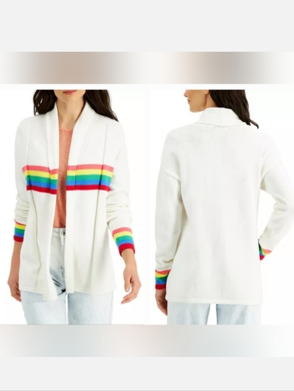 Style & Co Off White Cotton Cardigan Multicolor Stripe Macy's Exclusive Sm NWT